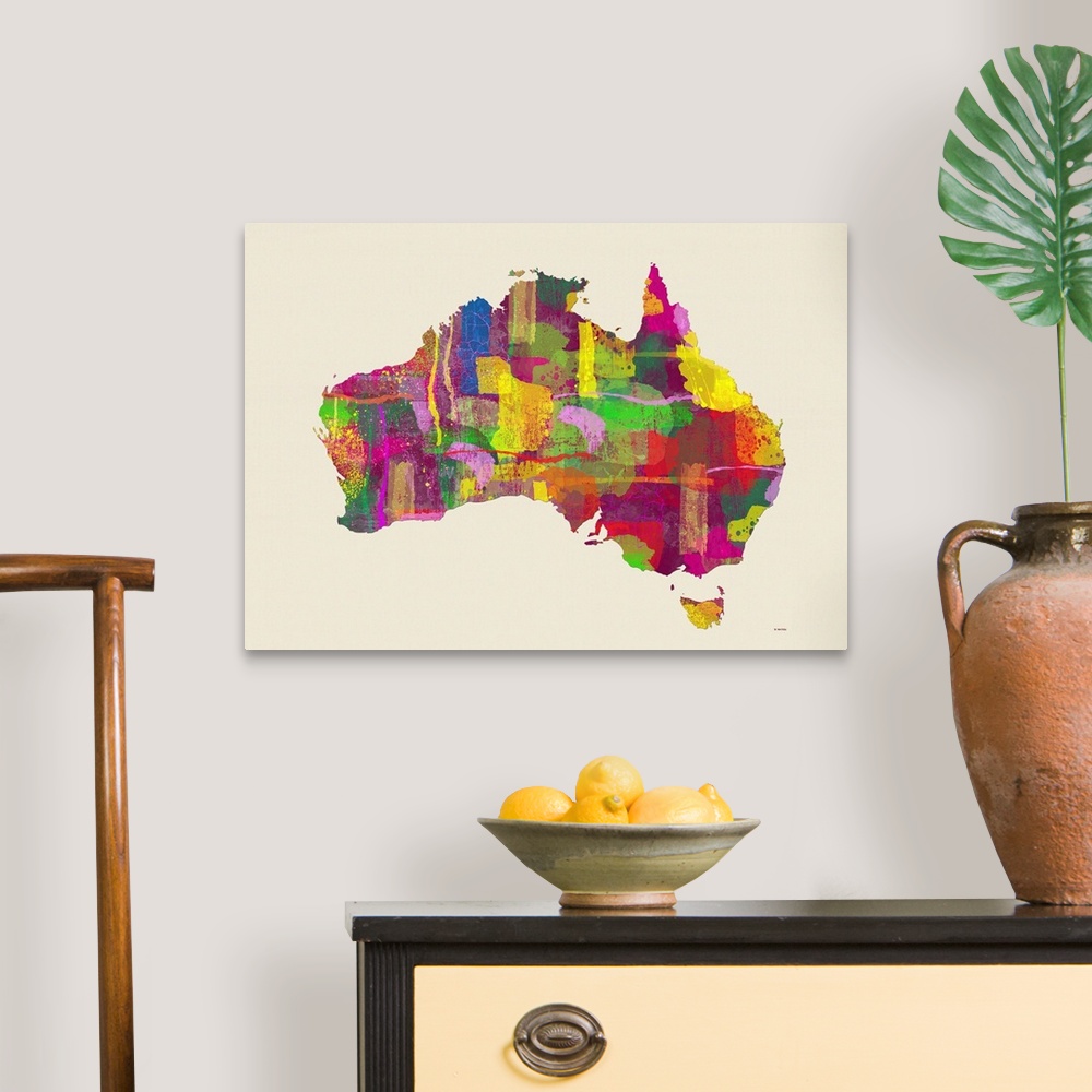 A traditional room featuring Contemporary colorful art map of Australia against a cream background.
