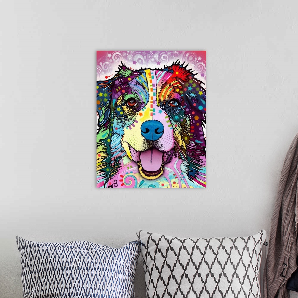 A bohemian room featuring This colorful print contains vibrant patterns that are used over the face of an Australian shephe...