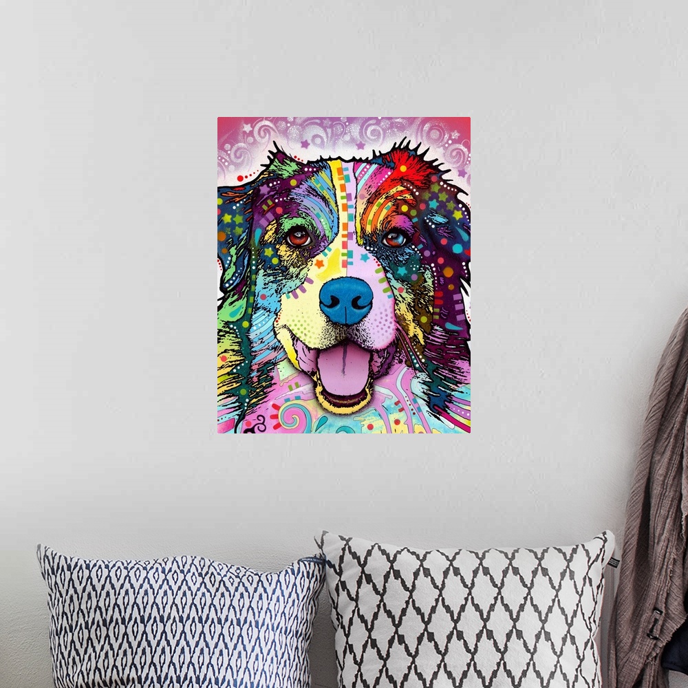 A bohemian room featuring This colorful print contains vibrant patterns that are used over the face of an Australian shephe...