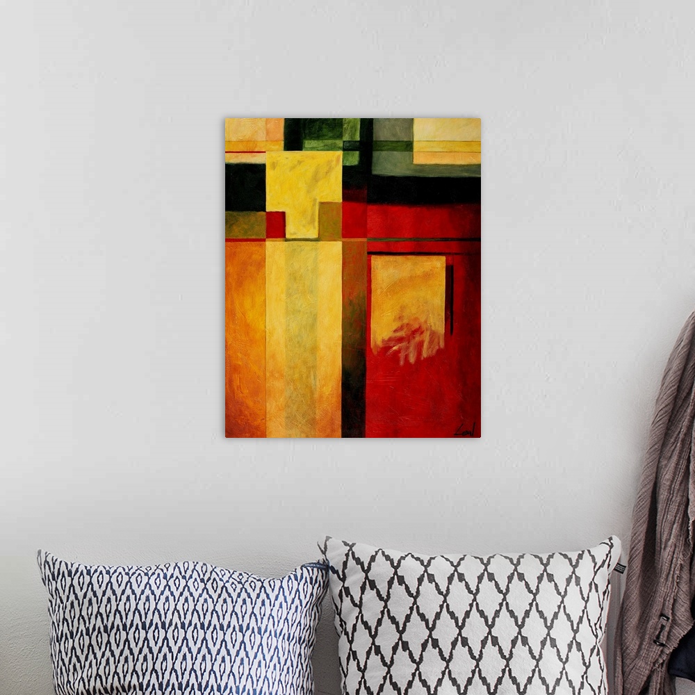 A bohemian room featuring Abstract painting with squares, varying in shapes and color.