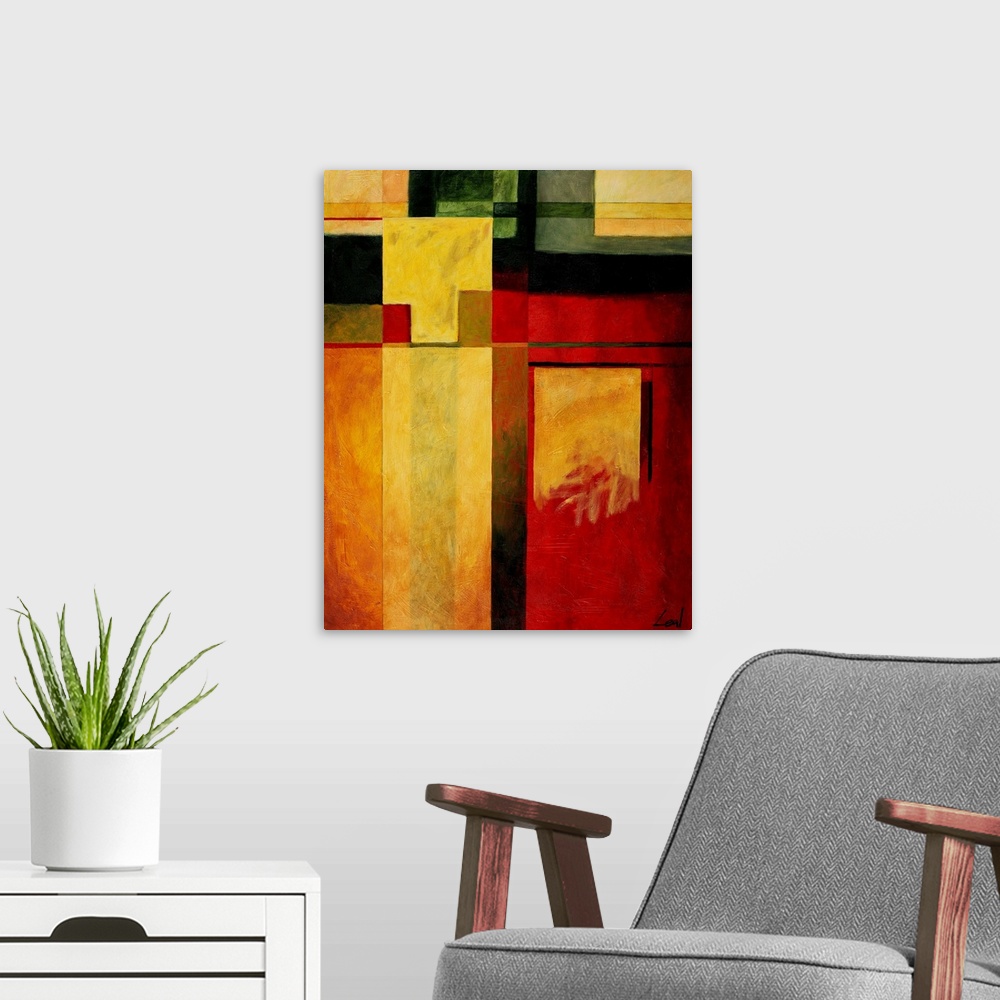 A modern room featuring Abstract painting with squares, varying in shapes and color.