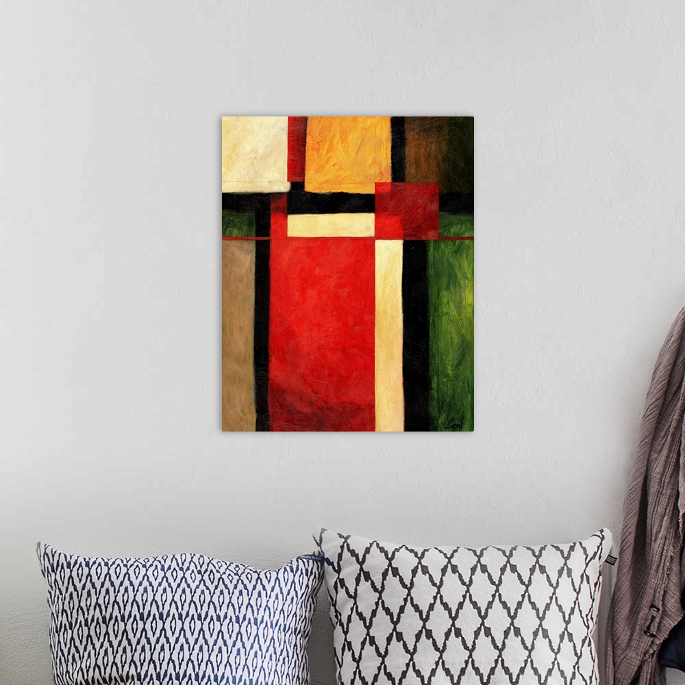 A bohemian room featuring Abstract painting with squares, varying in shapes and color.