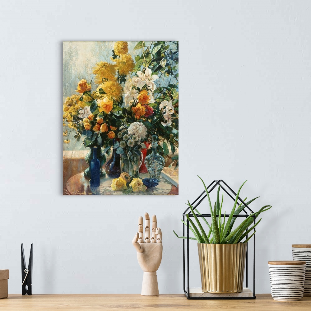 A bohemian room featuring Colorful contemporary still-life painting of a multi-colored flowers in vases.