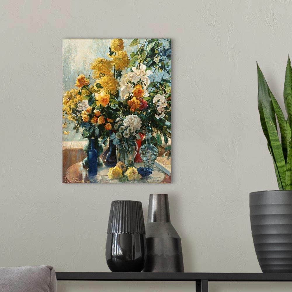 A modern room featuring Colorful contemporary still-life painting of a multi-colored flowers in vases.