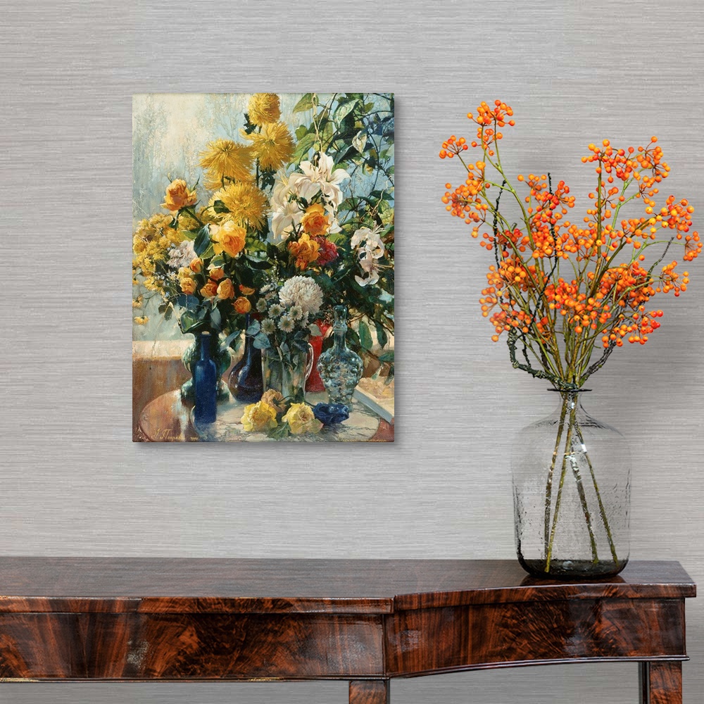 A traditional room featuring Colorful contemporary still-life painting of a multi-colored flowers in vases.