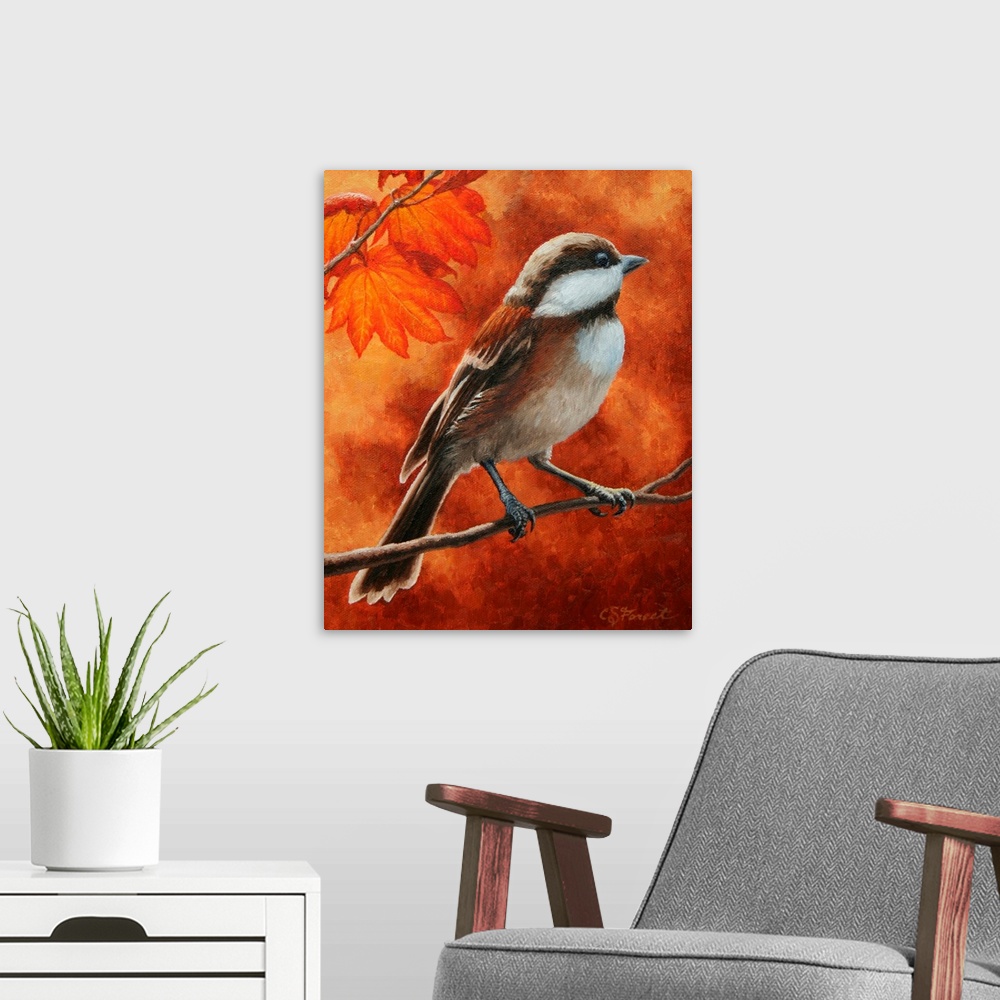 A modern room featuring Chickadee on a branch in autumn.