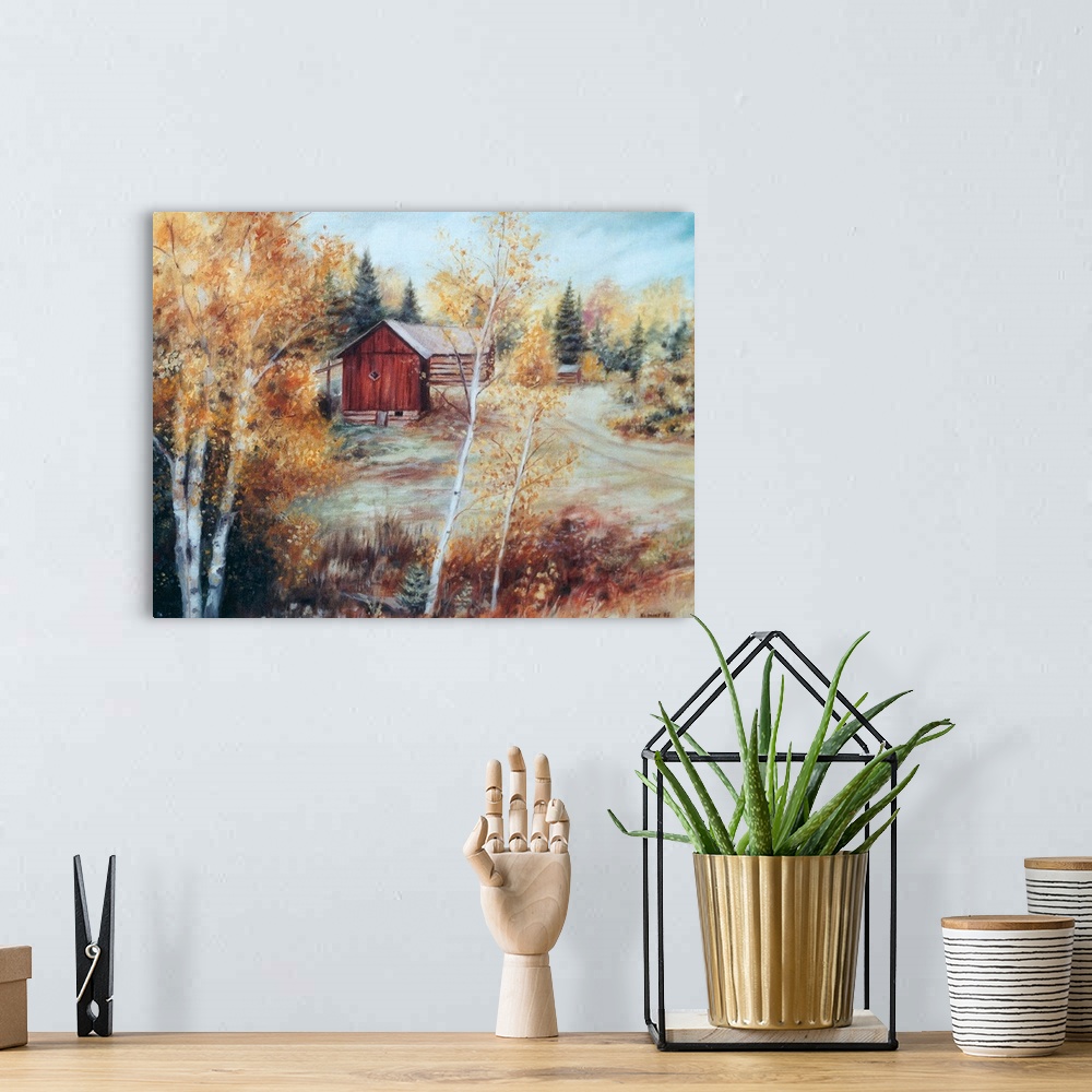 A bohemian room featuring Contemporary artwork of a barn in the fall in Ontario, Canada.