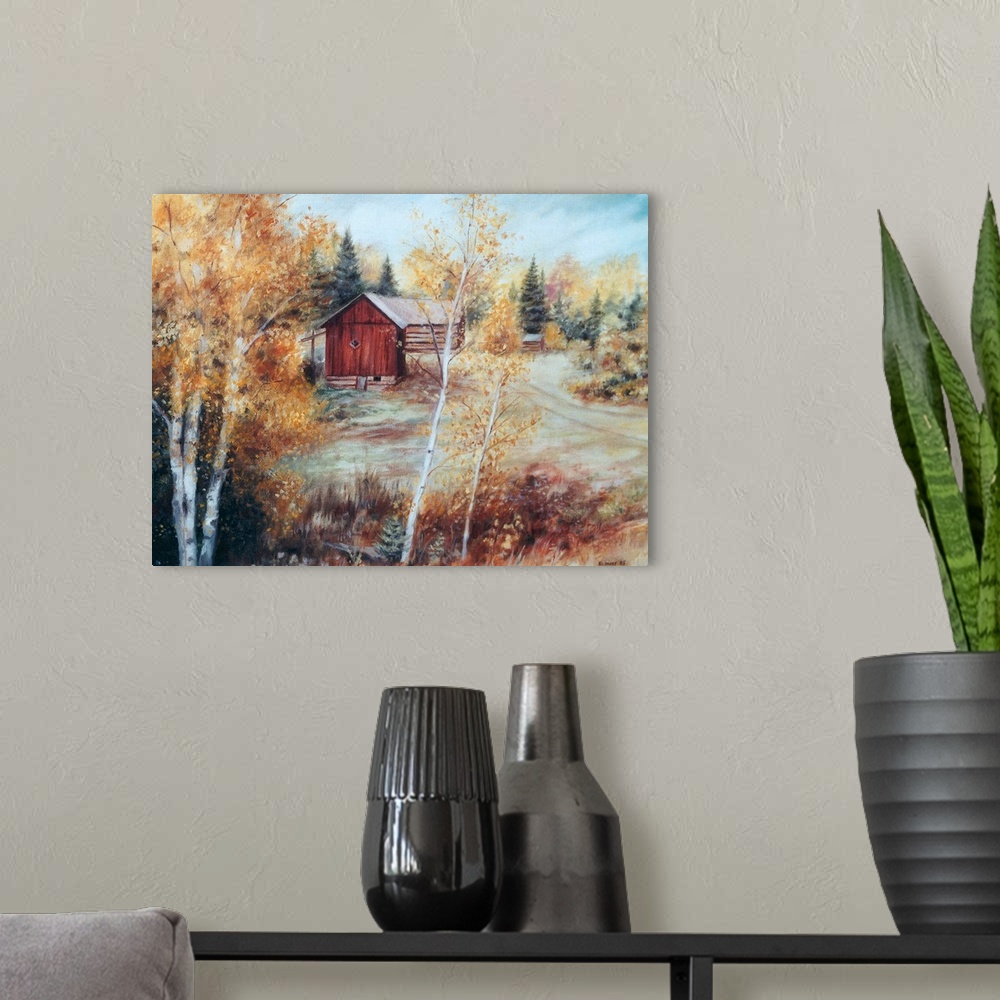 A modern room featuring Contemporary artwork of a barn in the fall in Ontario, Canada.
