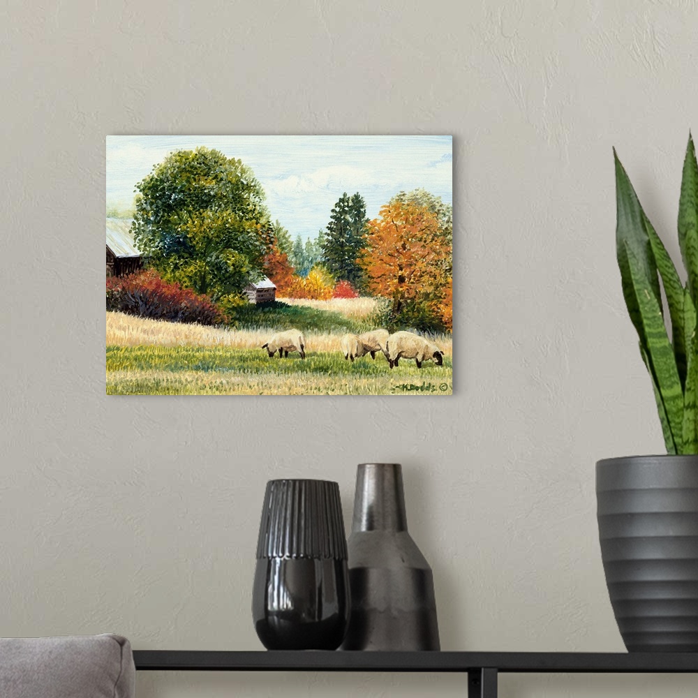 A modern room featuring Contemporary artwork of sheep in a field in the fall near a barn.