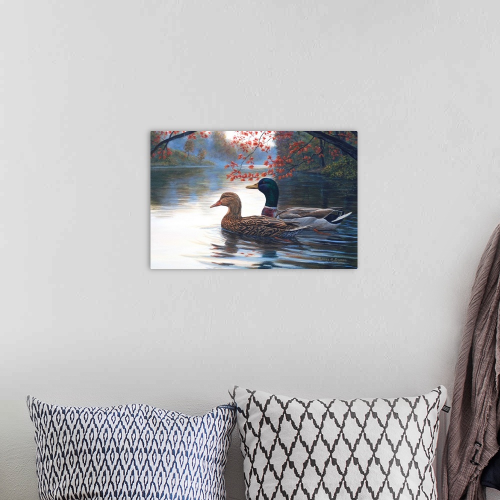 A bohemian room featuring Contemporary artwork of a pair of ducks in the water.