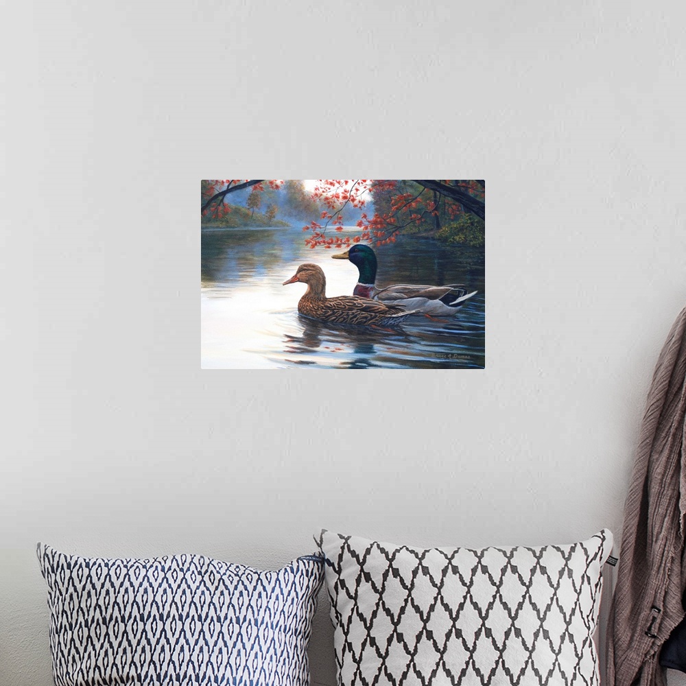 A bohemian room featuring Contemporary artwork of a pair of ducks in the water.
