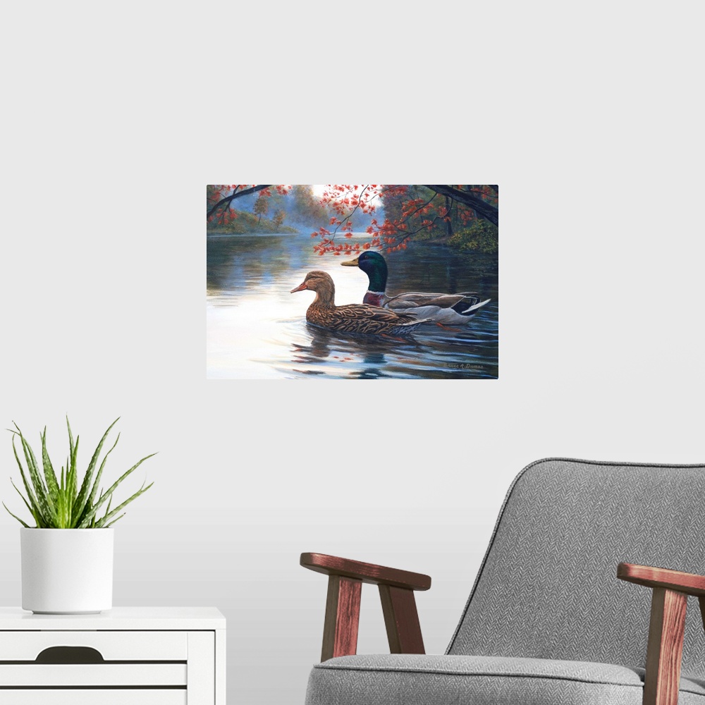 A modern room featuring Contemporary artwork of a pair of ducks in the water.