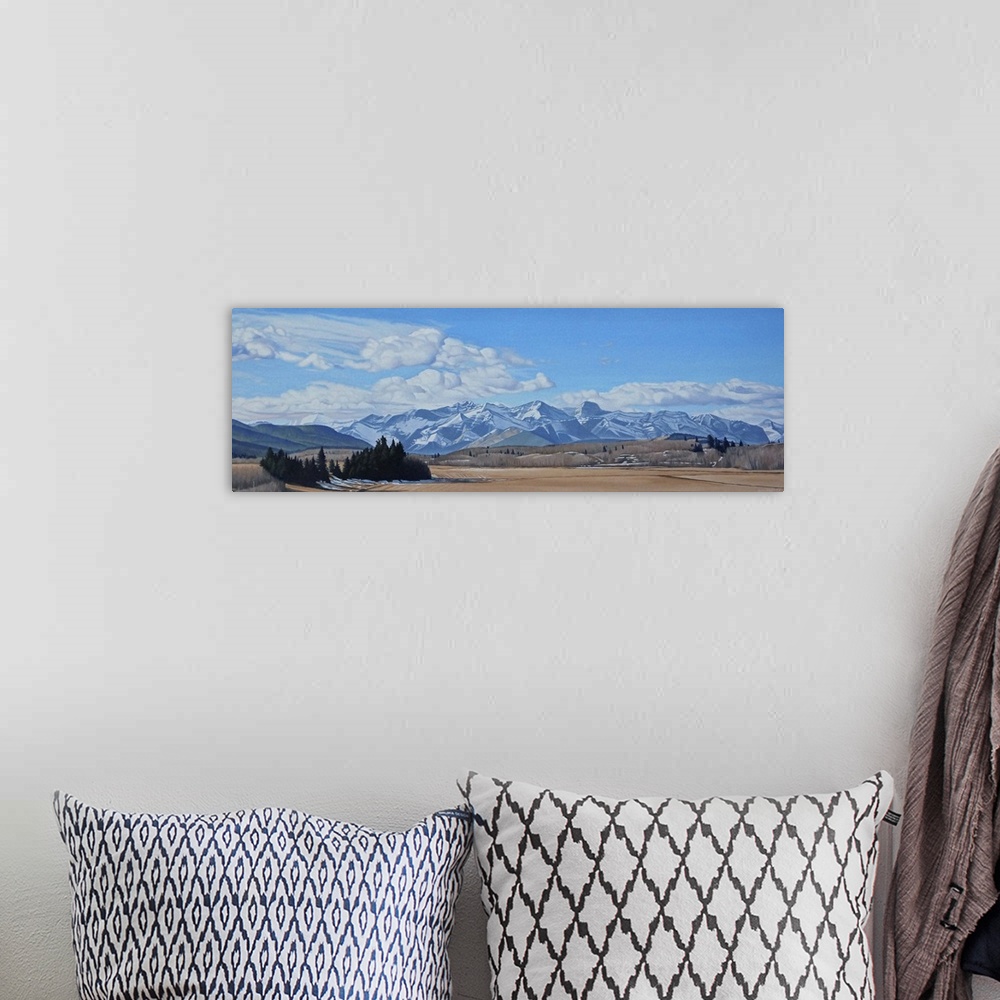 A bohemian room featuring Contemporary painting of an idyllic mountainous landscape in autumn.