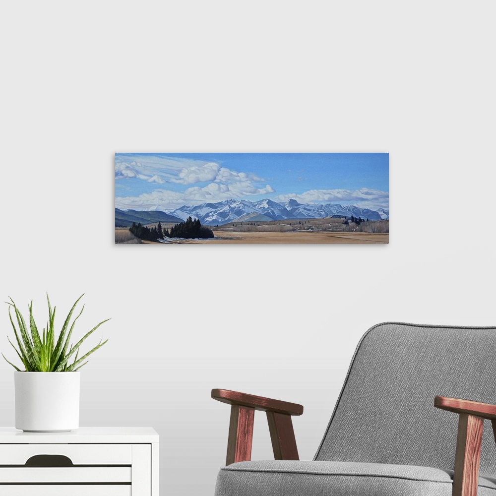 A modern room featuring Contemporary painting of an idyllic mountainous landscape in autumn.