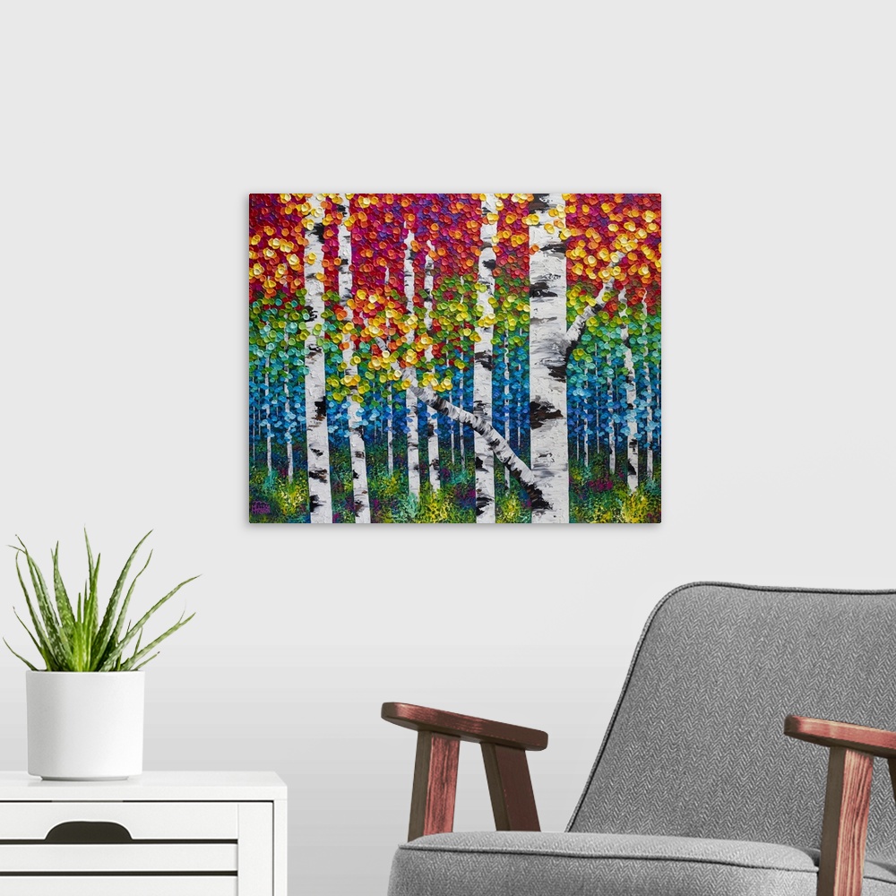 A modern room featuring Original fine art painting of aspen and birch trees in autumn forest by Canadian landscape painte...