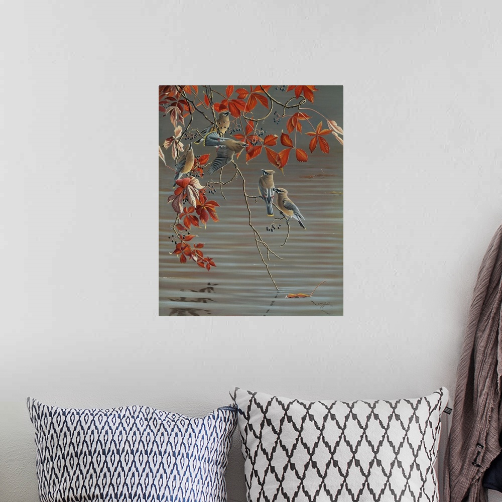 A bohemian room featuring Cedar waxwings in a tree over a pond.