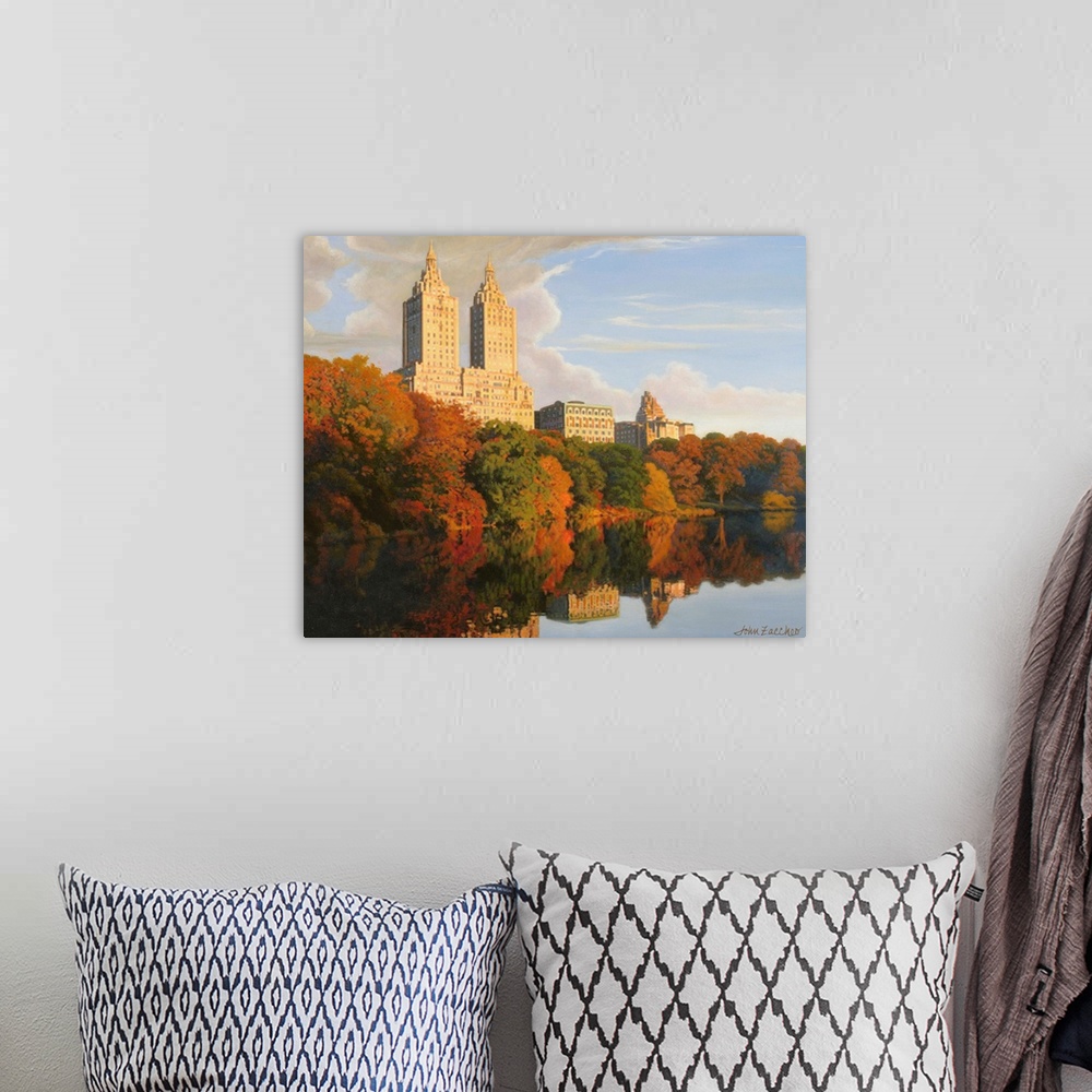 A bohemian room featuring skyline of central park and hudson river in fall