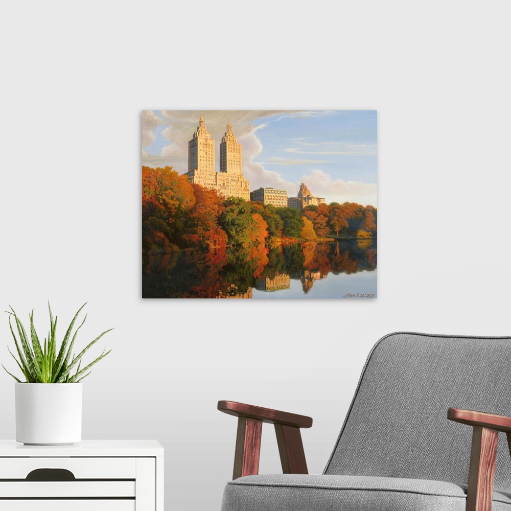 A modern room featuring skyline of central park and hudson river in fall