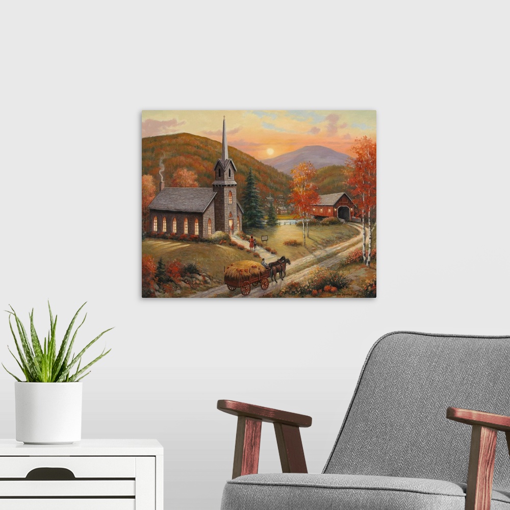 A modern room featuring fall, autumn, church, horse and buggy