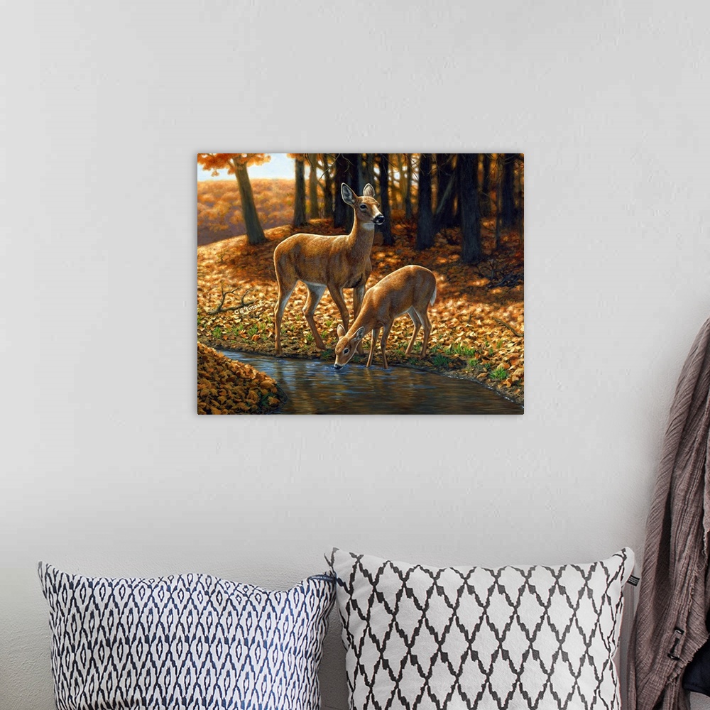 A bohemian room featuring Two Deer by a stream