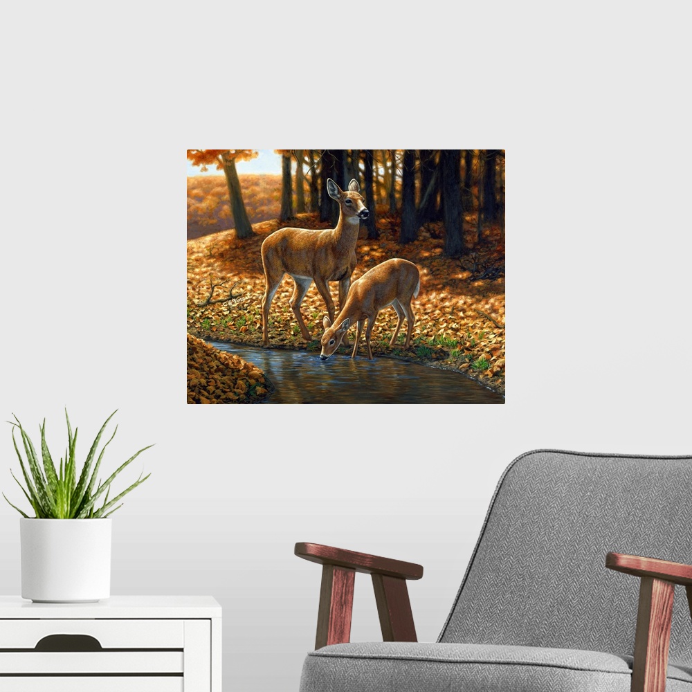 A modern room featuring Two Deer by a stream