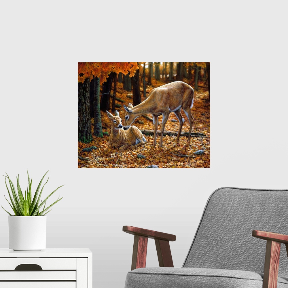 A modern room featuring Two Deer in a forestfawn doe