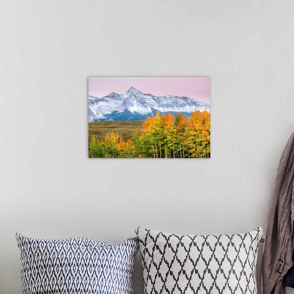 A bohemian room featuring Beautiful, bright landscape photograph of colorful Fall trees in the foreground, snowy mountains ...