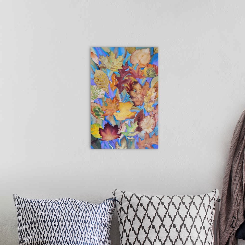 A bohemian room featuring Vibrant contemporary watercolor painting.