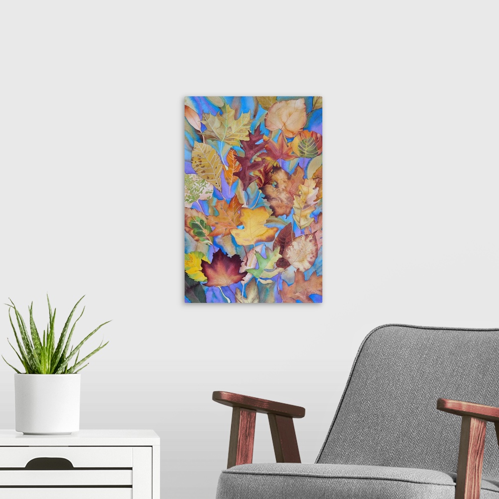 A modern room featuring Vibrant contemporary watercolor painting.