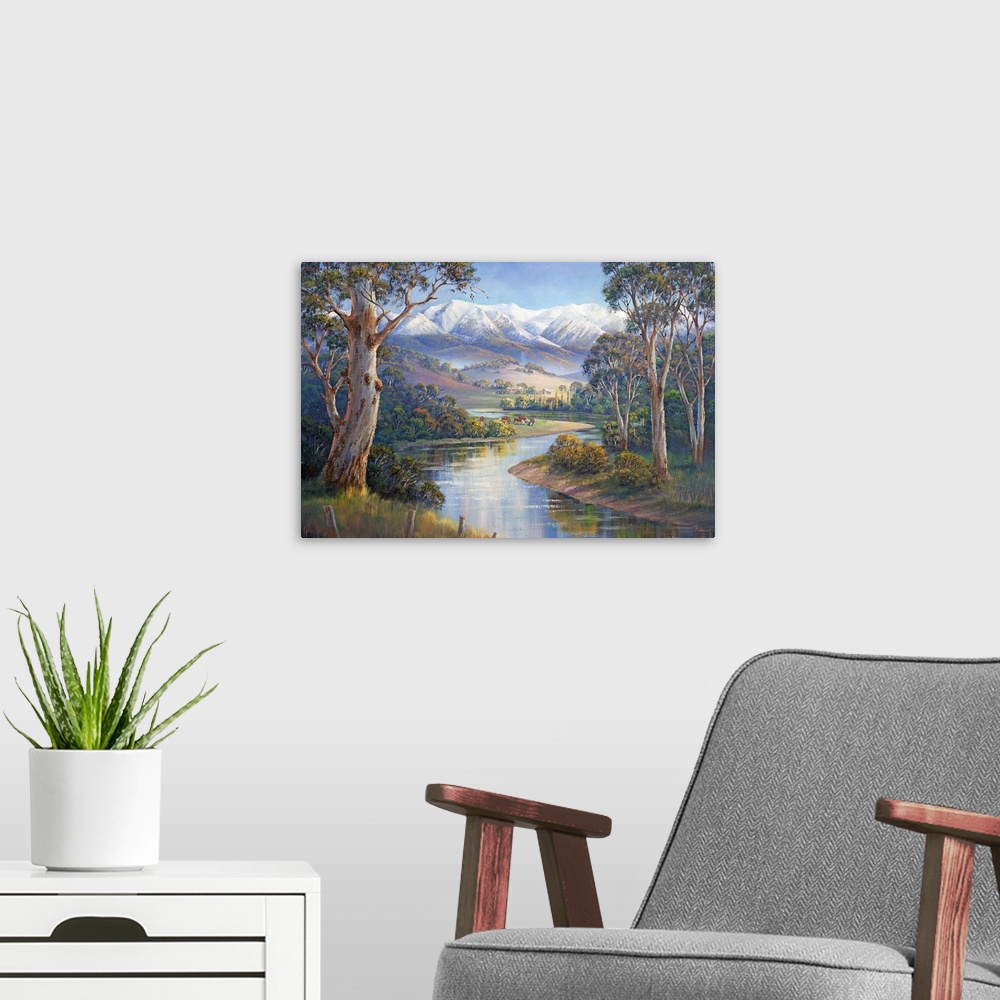 A modern room featuring Contemporary painting of an idyllic river valley scene.