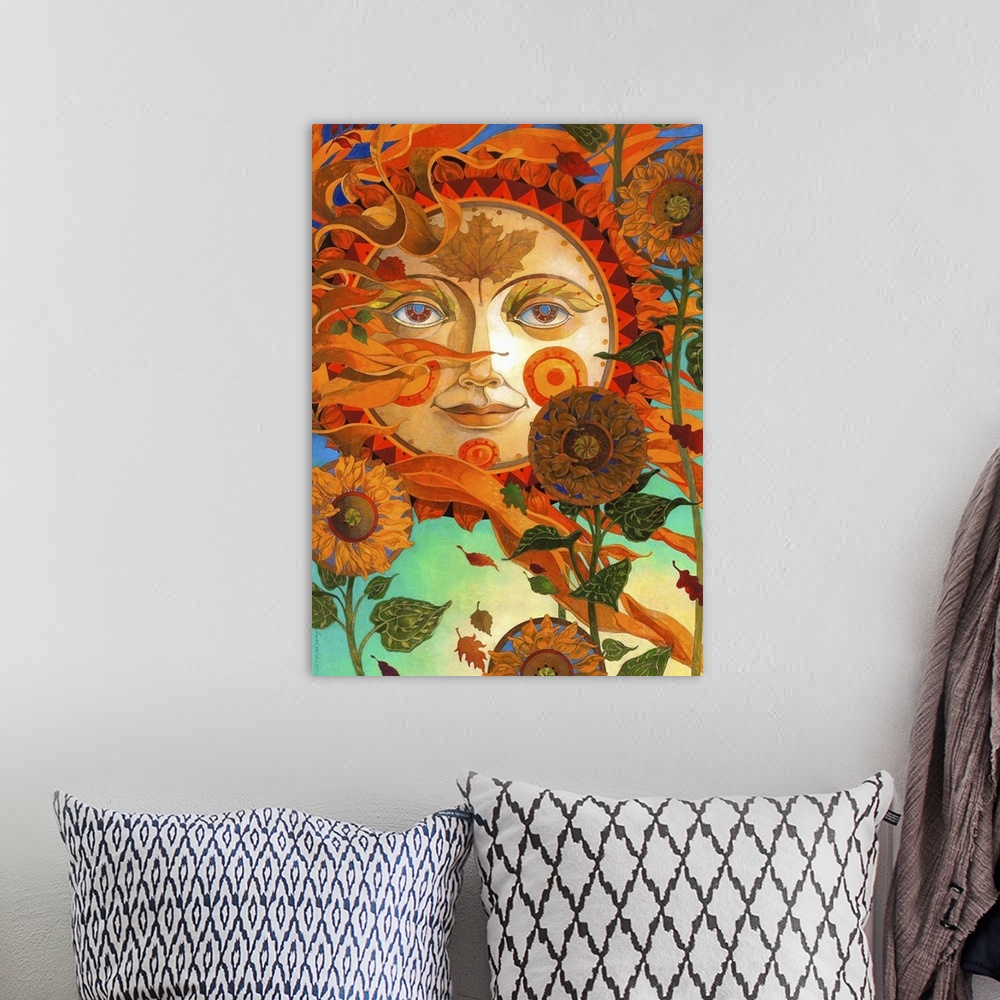 A bohemian room featuring Contemporary artwork of a sun with a face gazing calmly with flowers in the foreground.