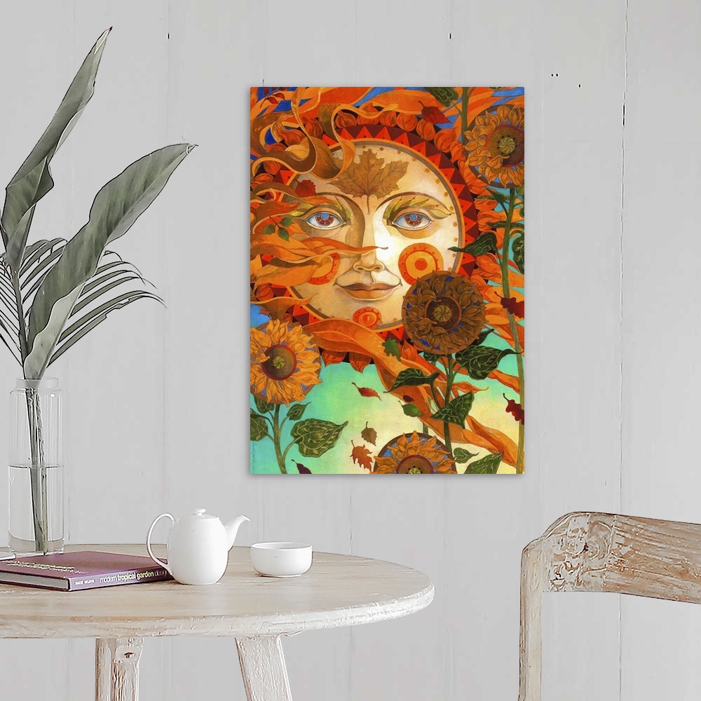 A farmhouse room featuring Contemporary artwork of a sun with a face gazing calmly with flowers in the foreground.
