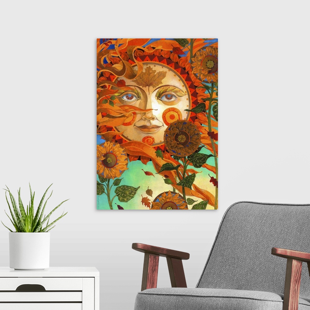 A modern room featuring Contemporary artwork of a sun with a face gazing calmly with flowers in the foreground.