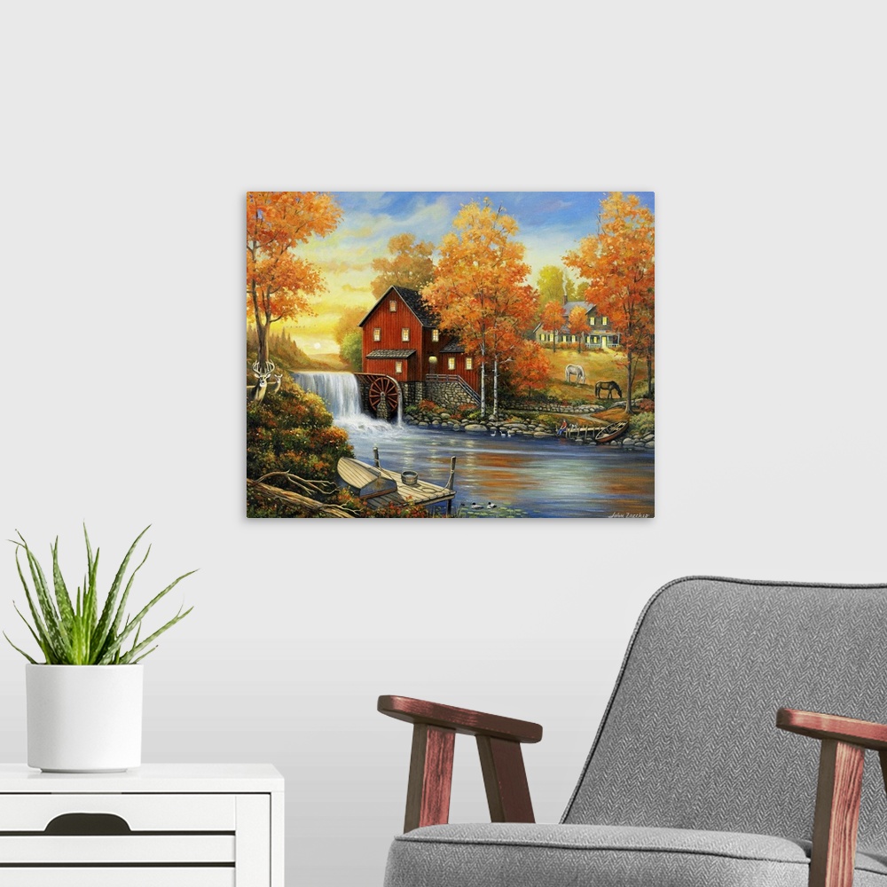 A modern room featuring A house with a large red barn and water wheel with a  brook and a dock with a row boat and two de...