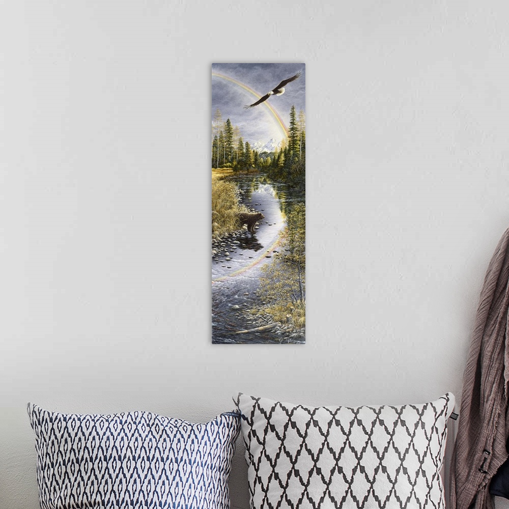 A bohemian room featuring a vertical image of a bear crossing a stream with an eagle flying above through a rainbow