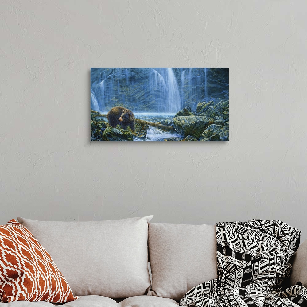 A bohemian room featuring brown bear fishing in stream