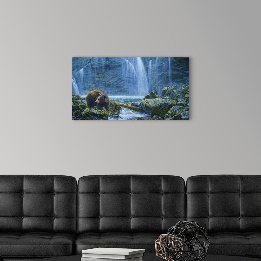 A modern room featuring brown bear fishing in stream