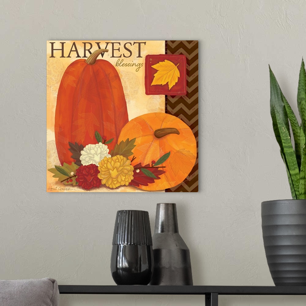 A modern room featuring Decorative fall themed artwork.