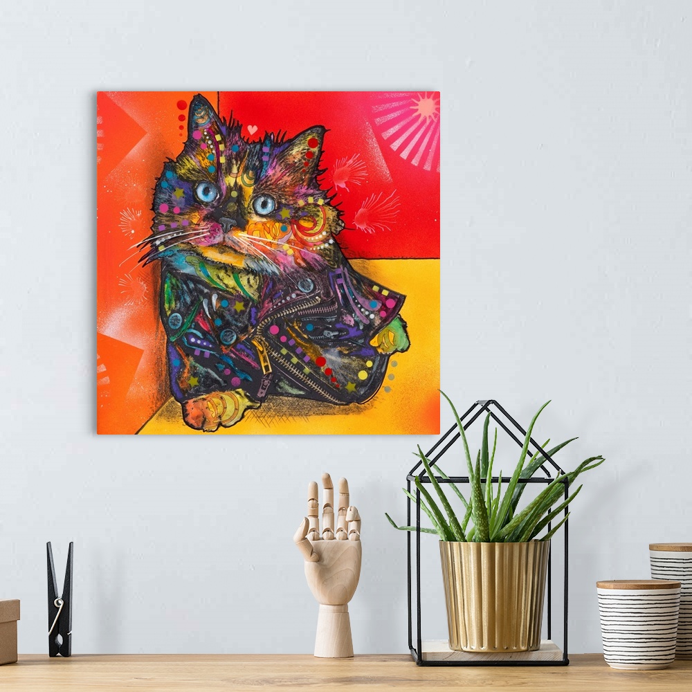 A bohemian room featuring Colorful square illustration of a cat covered in graffiti-like designs and wearing a leather jack...