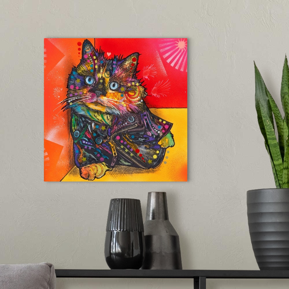 A modern room featuring Colorful square illustration of a cat covered in graffiti-like designs and wearing a leather jack...