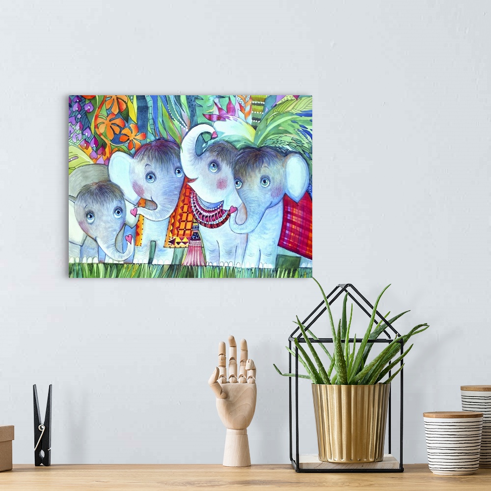 A bohemian room featuring Watercolor painting of four young elephants in the jungle.