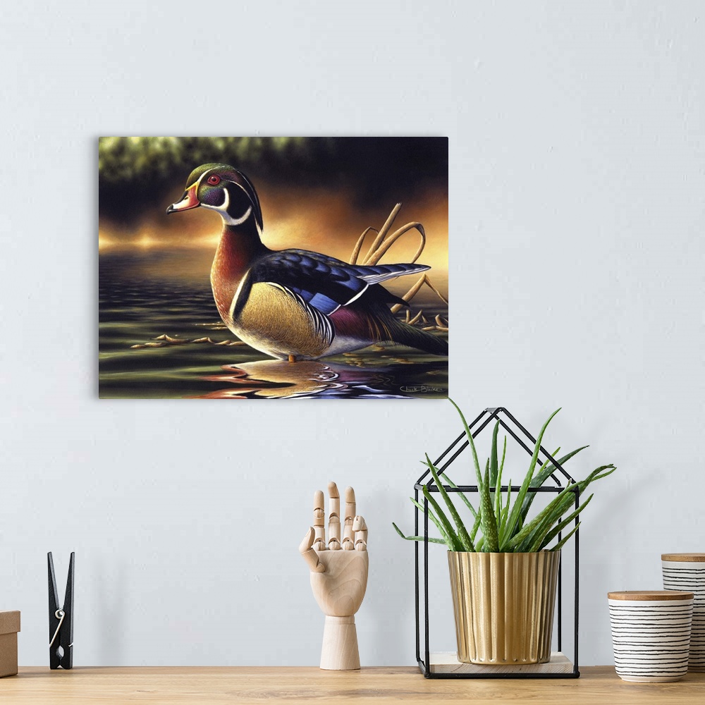 A bohemian room featuring A contemporary idyllic painting of a duck standing in shallow water.