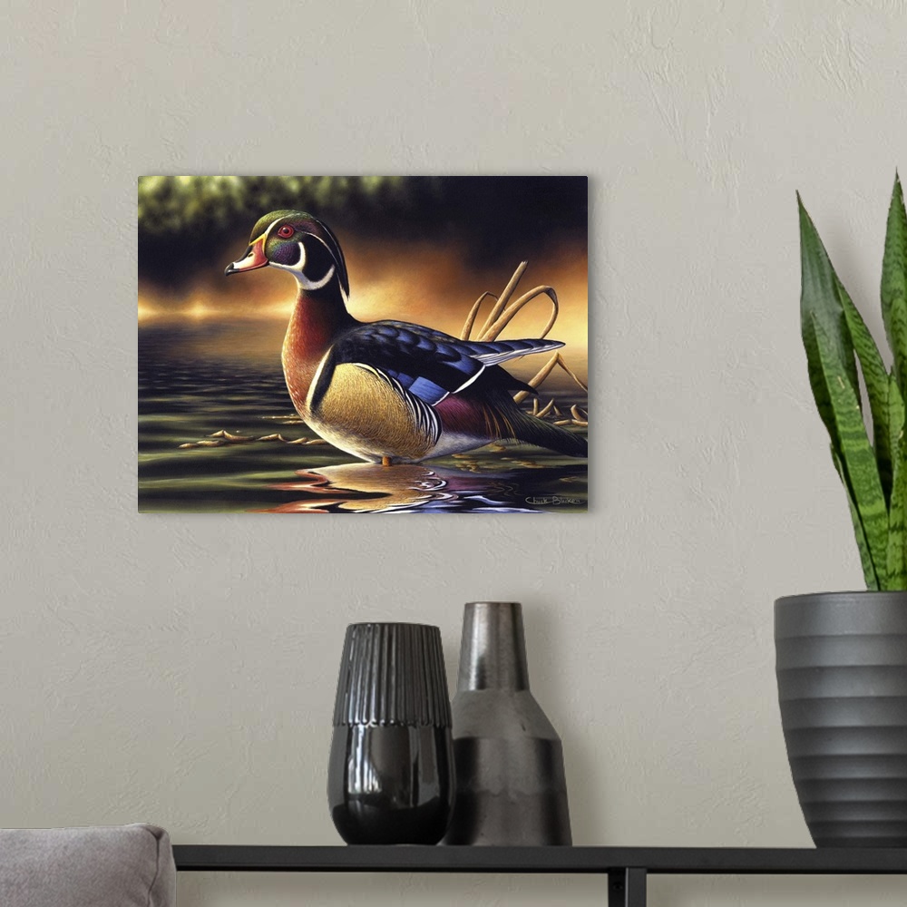 A modern room featuring A contemporary idyllic painting of a duck standing in shallow water.