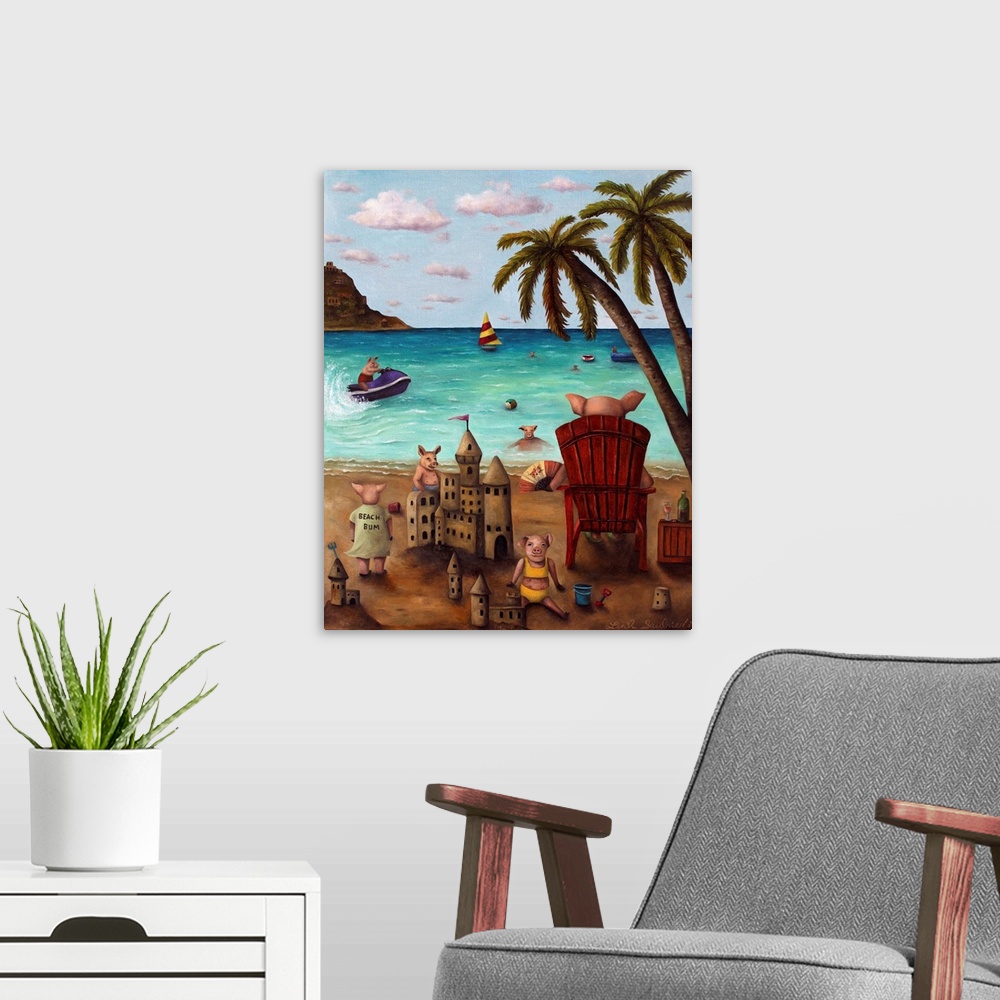 A modern room featuring Surrealist painting of a family of pigs on a beach enjoying the sun.