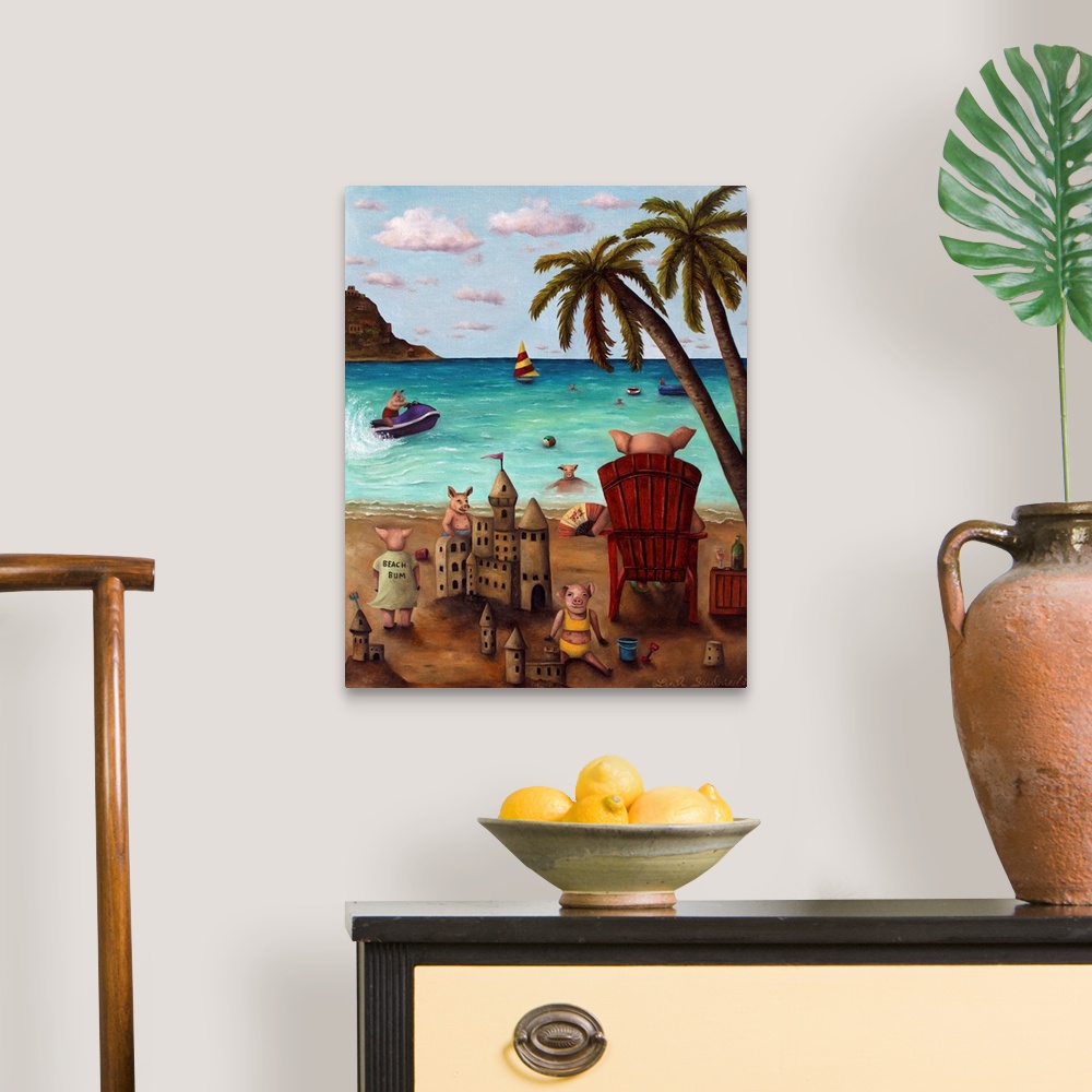 A traditional room featuring Surrealist painting of a family of pigs on a beach enjoying the sun.