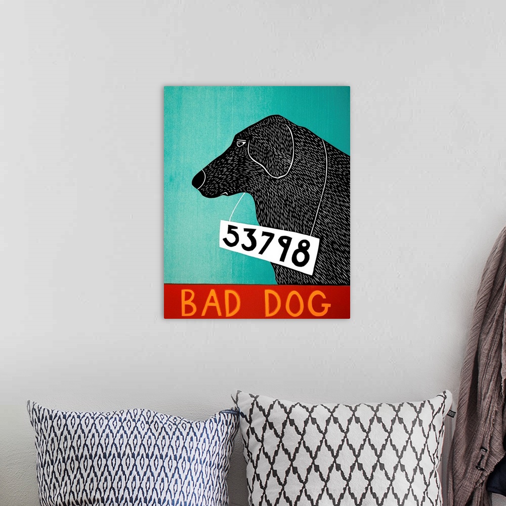 A bohemian room featuring Illustration of a black lab mug shot with the phrase "Bad Dog" written on the bottom.