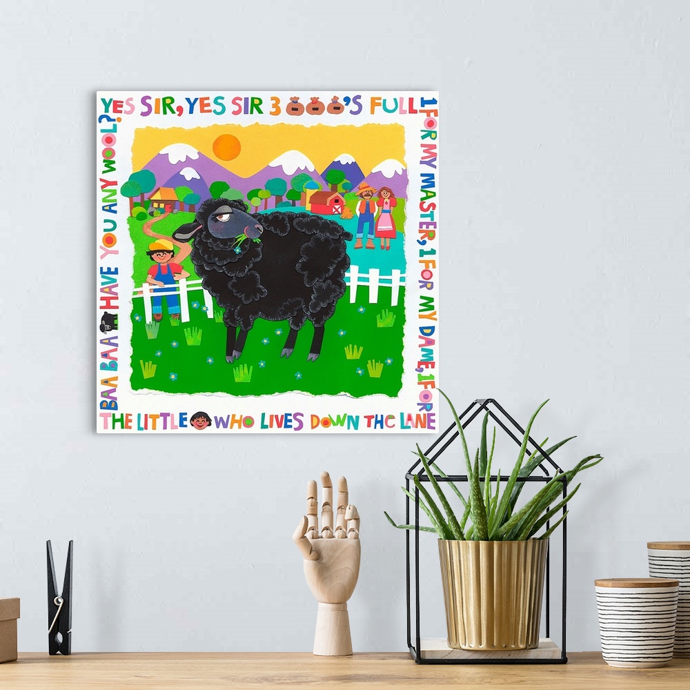 A bohemian room featuring A black sheep grazing on a farm with a nursery rhyme around the border.