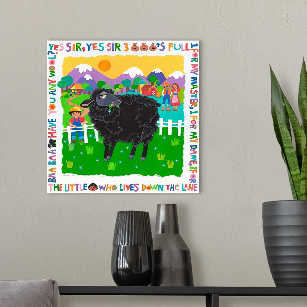 A modern room featuring A black sheep grazing on a farm with a nursery rhyme around the border.
