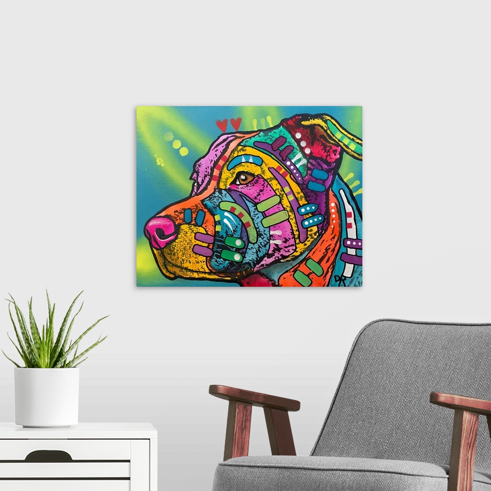 A modern room featuring Contemporary stencil painting of a dog filled with various colors and patterns.