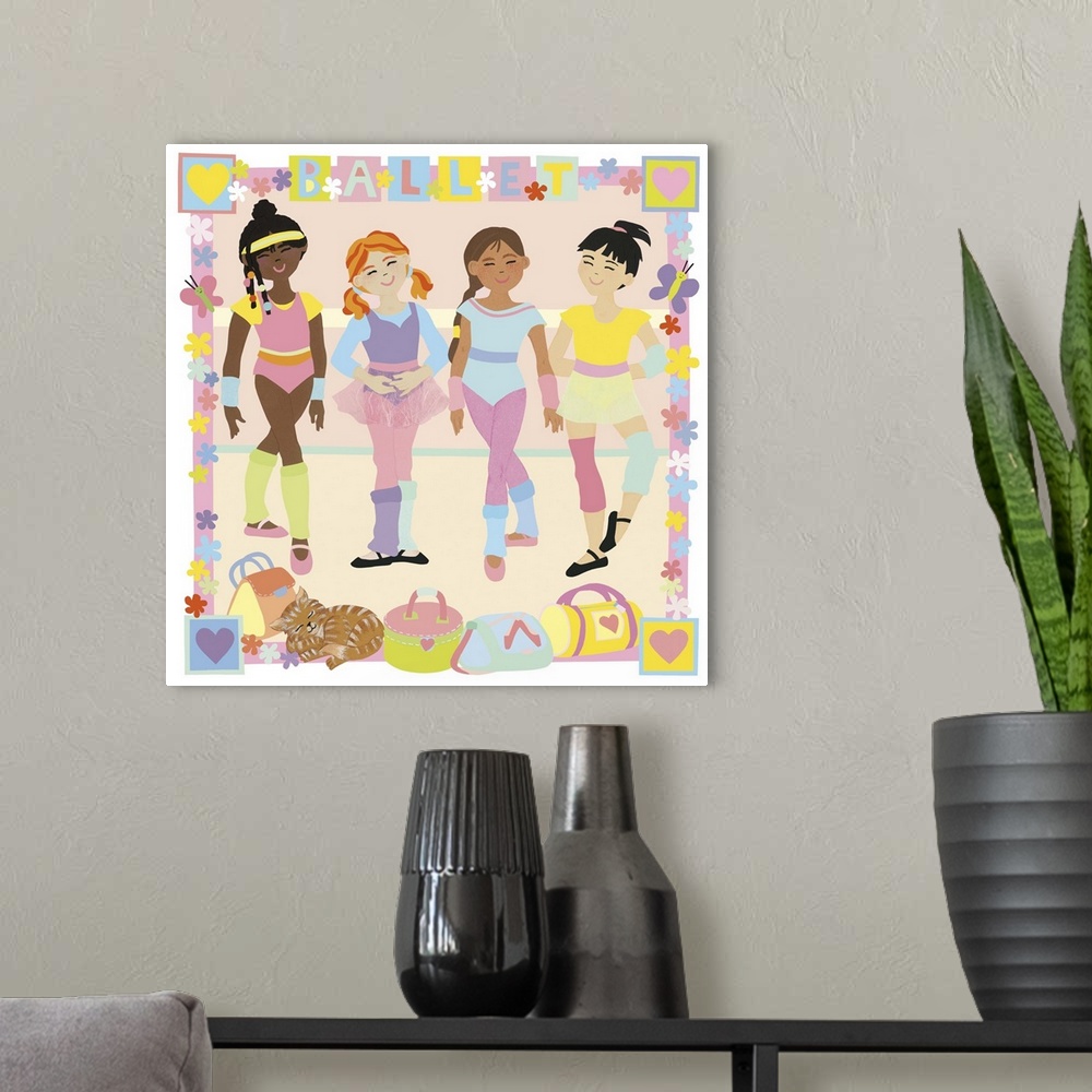 A modern room featuring Children's illustration of young girls doing ballet.